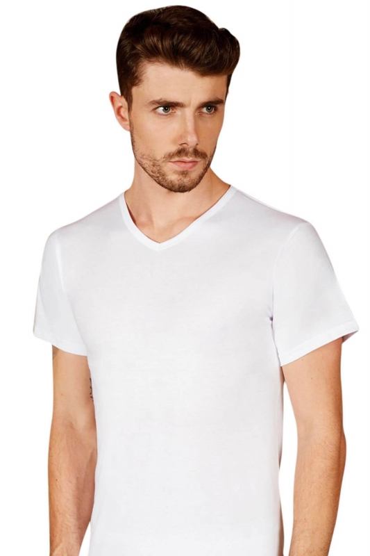 White Short Sleeve V-Neck Male Athlete 0316