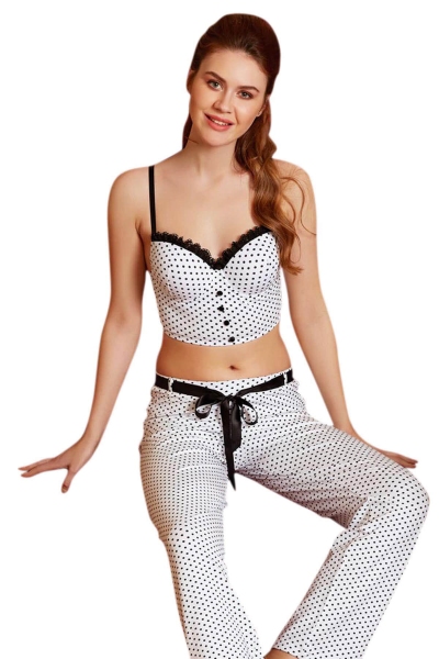 White Polka Dot Patterned Bustiered Pajamas Set 4125 - Thumbnail