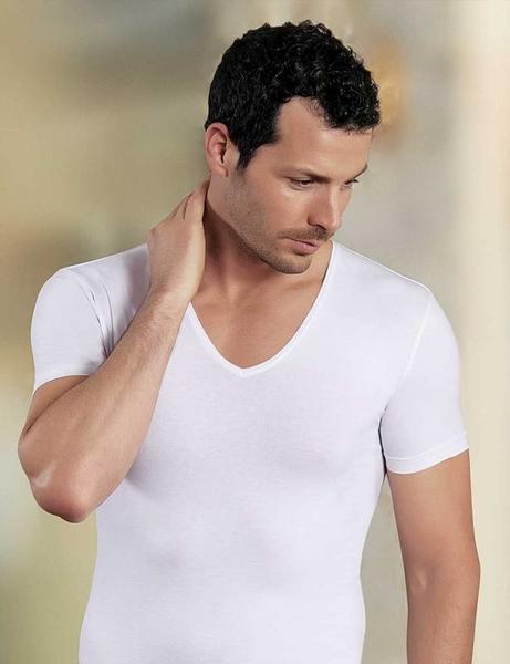 White V Neck Short Sleeve Single Jersey Men's T-Shirt ME080
