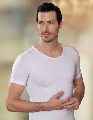 White V Neck Short Sleeve Single Jersey T-Shirt ME072 - Thumbnail