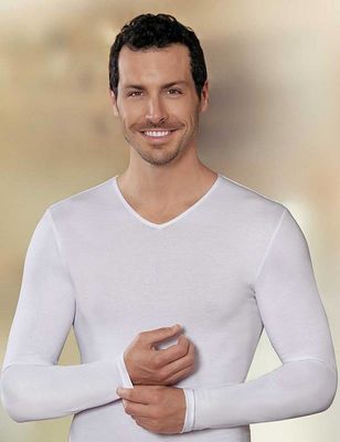 White V Neck Long Sleeve Single Jersey T-Shirt ME074 - Thumbnail