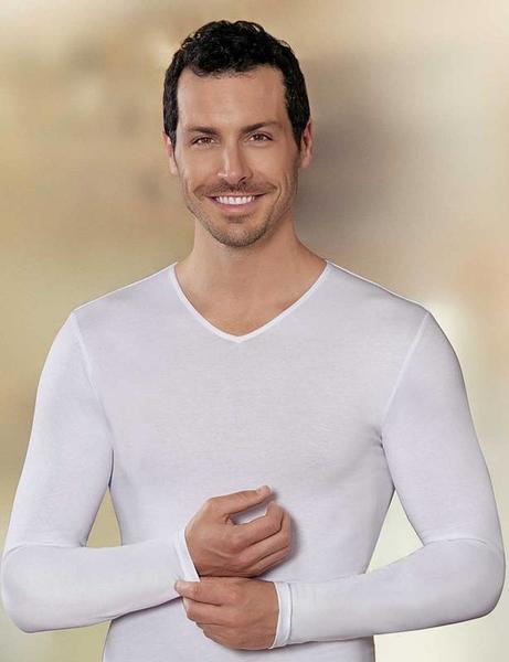 White V Neck Long Sleeve Single Jersey T-Shirt ME074
