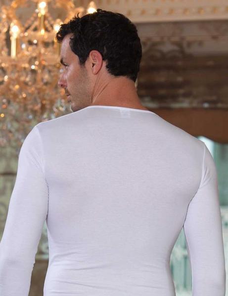 White V Neck Long Sleeve Single Jersey T-Shirt ME074