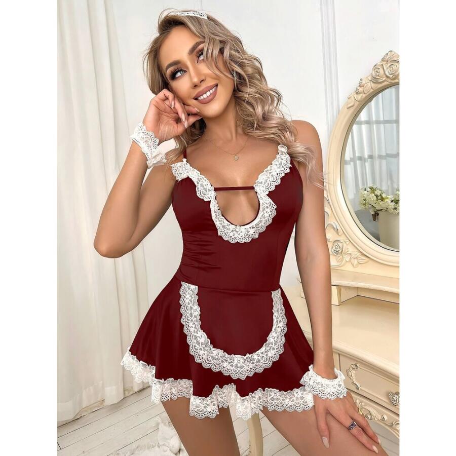 Bordo Beyaz Aksesuarlı Dantelli Fantezi Hizmetçi Kostümü - 1