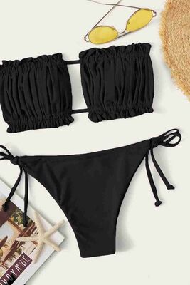Brezilya Model Büzgülü Bağlamalı Bikini Altı Siyah - Thumbnail