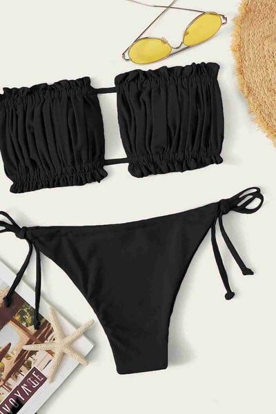 Brezilya Model Büzgülü Bağlamalı Bikini Altı Siyah