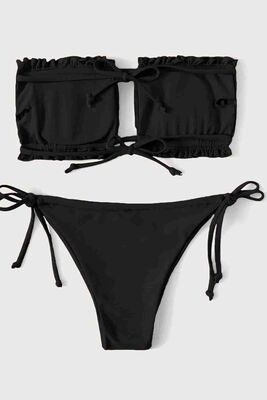 Brezilya Model Büzgülü Bağlamalı Bikini Altı Siyah - Thumbnail