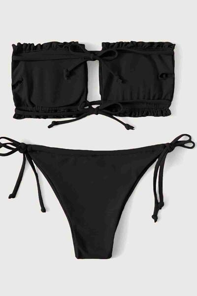 Brezilya Model Büzgülü Bağlamalı Bikini Altı Siyah