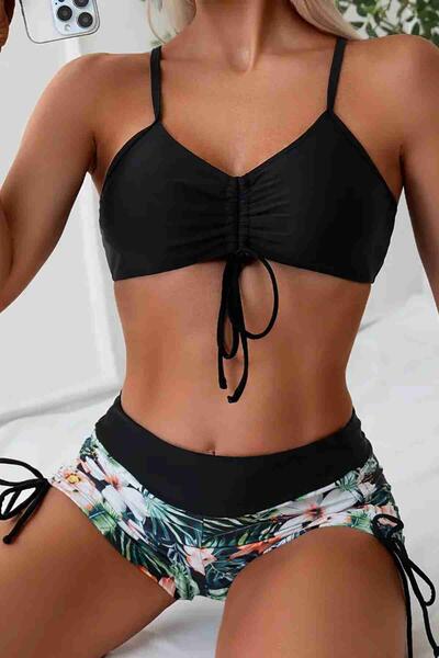 Büzgü Ayarlı Baskılı Bikini Takımı Siyah