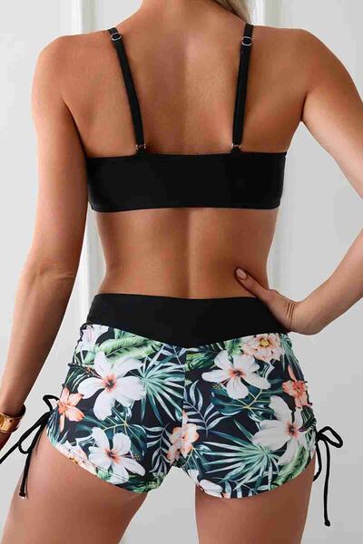 Büzgü Ayarlı Baskılı Bikini Takımı Siyah