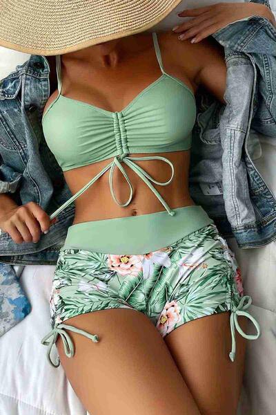 Büzgü Ayarlı Baskılı Bikini Takımı 