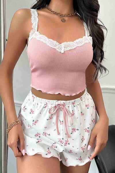 Çiçek Desenli Dantel Askılı Şortlu Pijama Takımı Çok Renkli