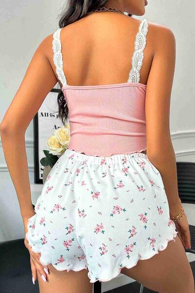 Çiçek Desenli Dantel Askılı Şortlu Pijama Takımı Çok Renkli
