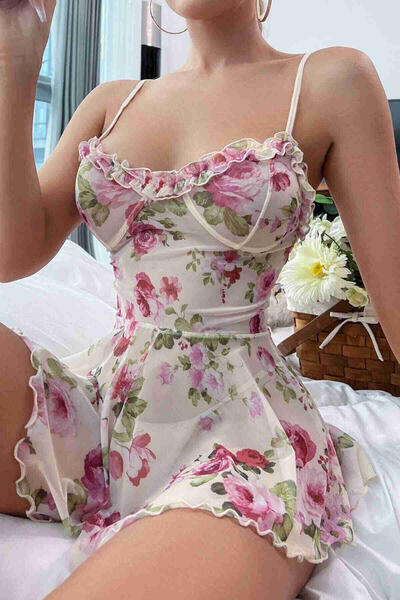 Çicek Desenli Özel Tasarım Gecelik Babydoll Çok Renkli 