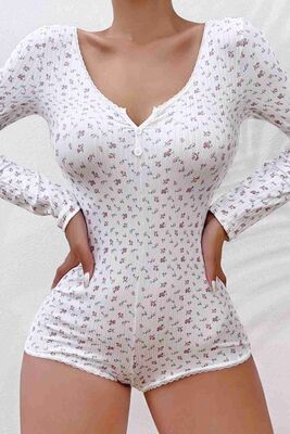 Çiçek Desenli Tasarım Tulum Gecelik Body Çok Renkli - Thumbnail