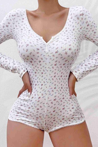 Çiçek Desenli Tasarım Tulum Gecelik Body Çok Renkli