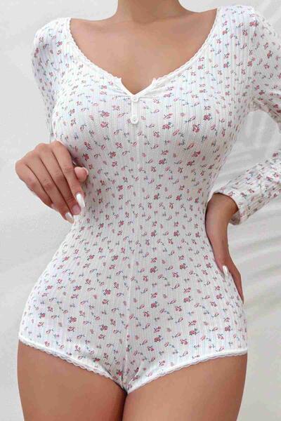 Çiçek Desenli Tasarım Tulum Gecelik Body Çok Renkli