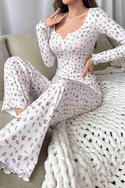 Çiçek Desenli Uzun Kollu Pijama Takımı Beyaz