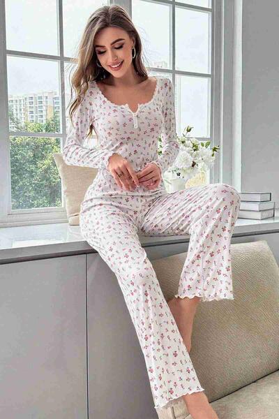 Çiçek Desenli Uzun Kollu Pijama Takımı Beyaz