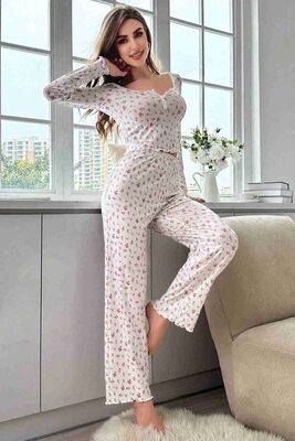 Çiçek Desenli Uzun Kollu Pijama Takımı Beyaz - Thumbnail