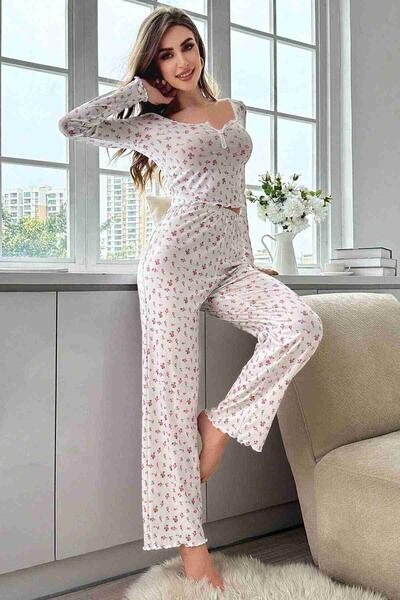 Çiçek Desenli Uzun Kollu Pijama Takımı Beyaz