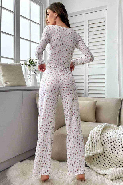 Çiçek Desenli Uzun Kollu Pijama Takımı Beyaz
