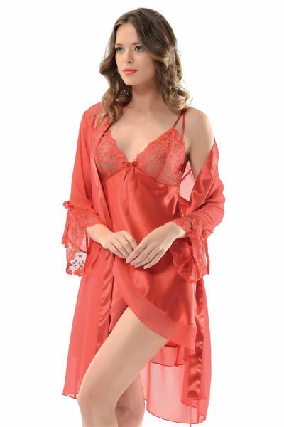 Lace Detailed Asymmetric Cut Satin Nightgown Set 3820