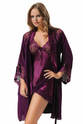 Lace Detailed Asymmetric Cut Satin Nightgown Set 3820 - Thumbnail