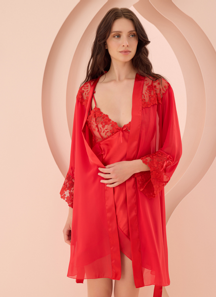 Lace Detailed Asymmetric Cut Satin Nightgown Set 3820