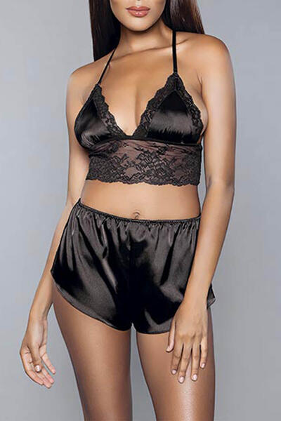 Dantel Detaylı Saten Bralet Sütyen Şort Takımı 8308