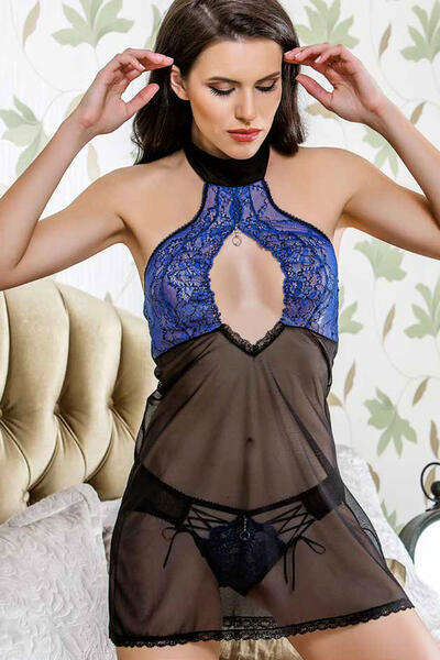Lace Detailed Transparent Fantasy Nightgown Set 0711