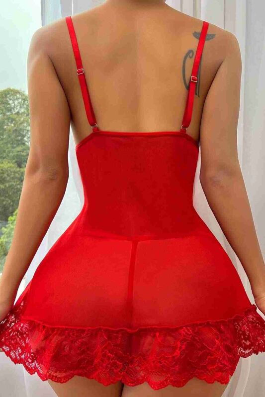 Dantel Gecelik Babydoll İç giyim Kırmızı - 4