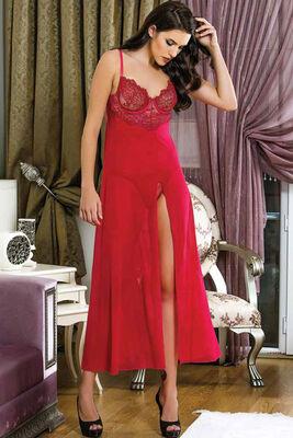 Lacy Underwire Slit Long Nightdress String Set 0362 - Thumbnail