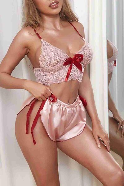 Dantelli Saten Şortlu Takım Pembe