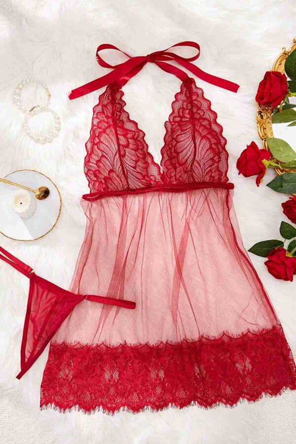 Dantelli Transparan Tangalı Gecelik Takım Kırmızı - 1