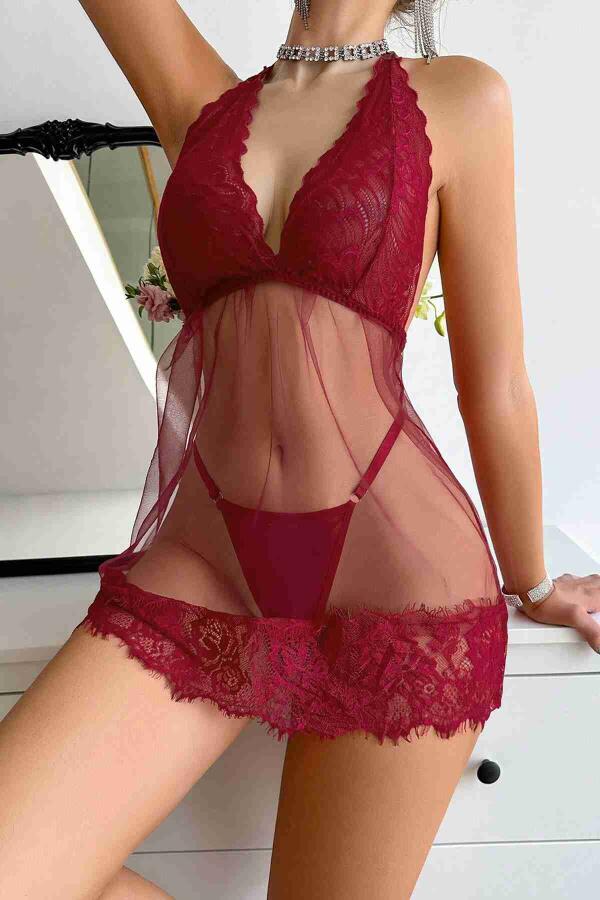 Dantelli Transparan Tangalı Gecelik Takım Kırmızı - 2