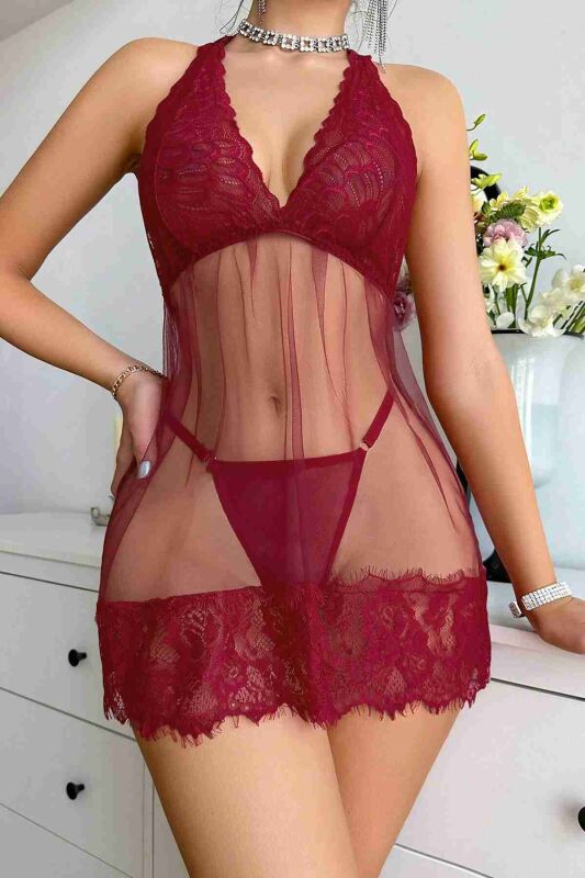 Dantelli Transparan Tangalı Gecelik Takım Kırmızı - 3