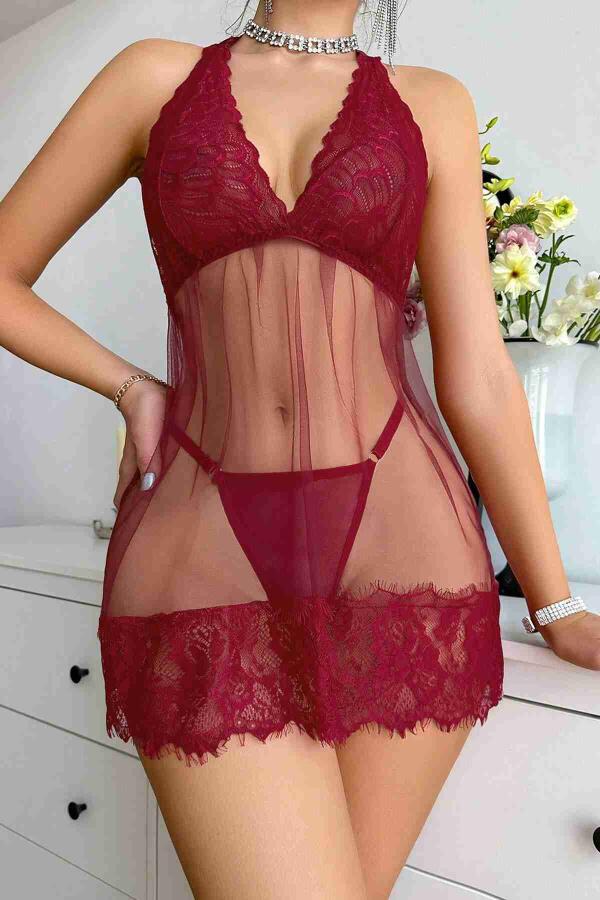 Dantelli Transparan Tangalı Gecelik Takım Kırmızı - 3