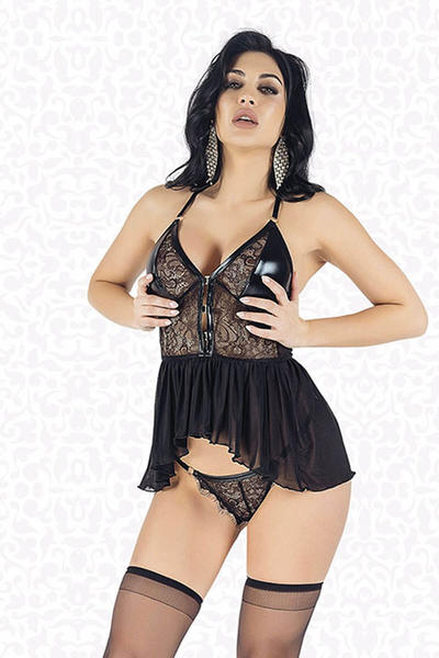 Leather and Lace Detail Flounce Fantasy Babydoll 5190