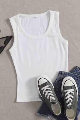 Düz Renk Kadın Kolsuz Bluz Crop Top - Thumbnail