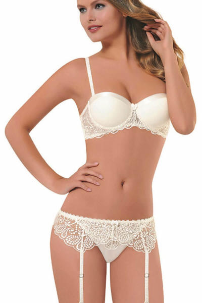 Ecru Lace Detailed Satin Piping Unsupported Bra Garter String Set 4526