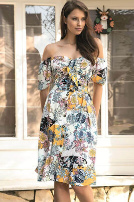 Ecru Floral Patterned Bustier Skirt Suit 9658 - Thumbnail