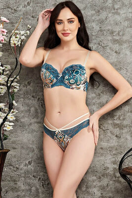 Ethnic Pattern Lace Detailed Padded Bra Slip Set 4781 - Thumbnail