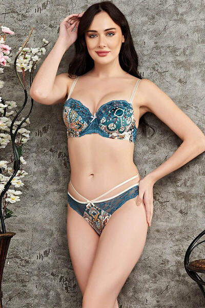 Ethnic Pattern Lace Detailed Padded Bra Slip Set 4781