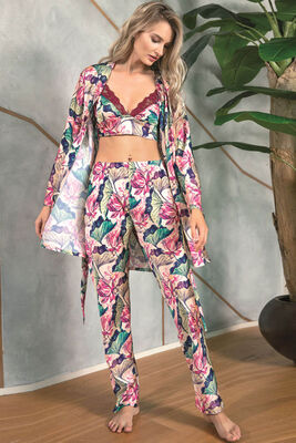 Floral Desenli Bralet Sütyenli Saten Pijama Sabahlık Takımı 5627 - Thumbnail