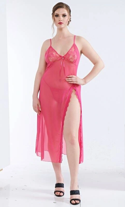 Fuşya Büyük Beden Uzun Erotik Gecelik Takım Passion 6321 - 1