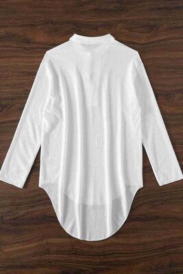 Gömlek Görünümlü Likralı Plaj Elbisesi Pareo Cover Up Kimono Beyaz - Thumbnail