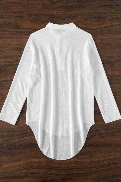 Gömlek Görünümlü Likralı Plaj Elbisesi Pareo Cover Up Kimono Beyaz