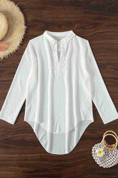 Gömlek Görünümlü Likralı Plaj Elbisesi Pareo Cover Up Kimono Beyaz