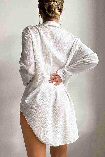 Gömlek Görünümlü Likralı Plaj Elbisesi Pareo Cover Up Kimono Beyaz